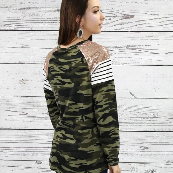 Rose Gold Sequins & Stripes Camo Long Sleeve Top - Picture 4 of 5